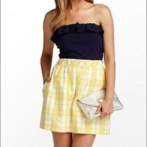 Lilly Pulitzer strapless navy ruffles yellow plaid
